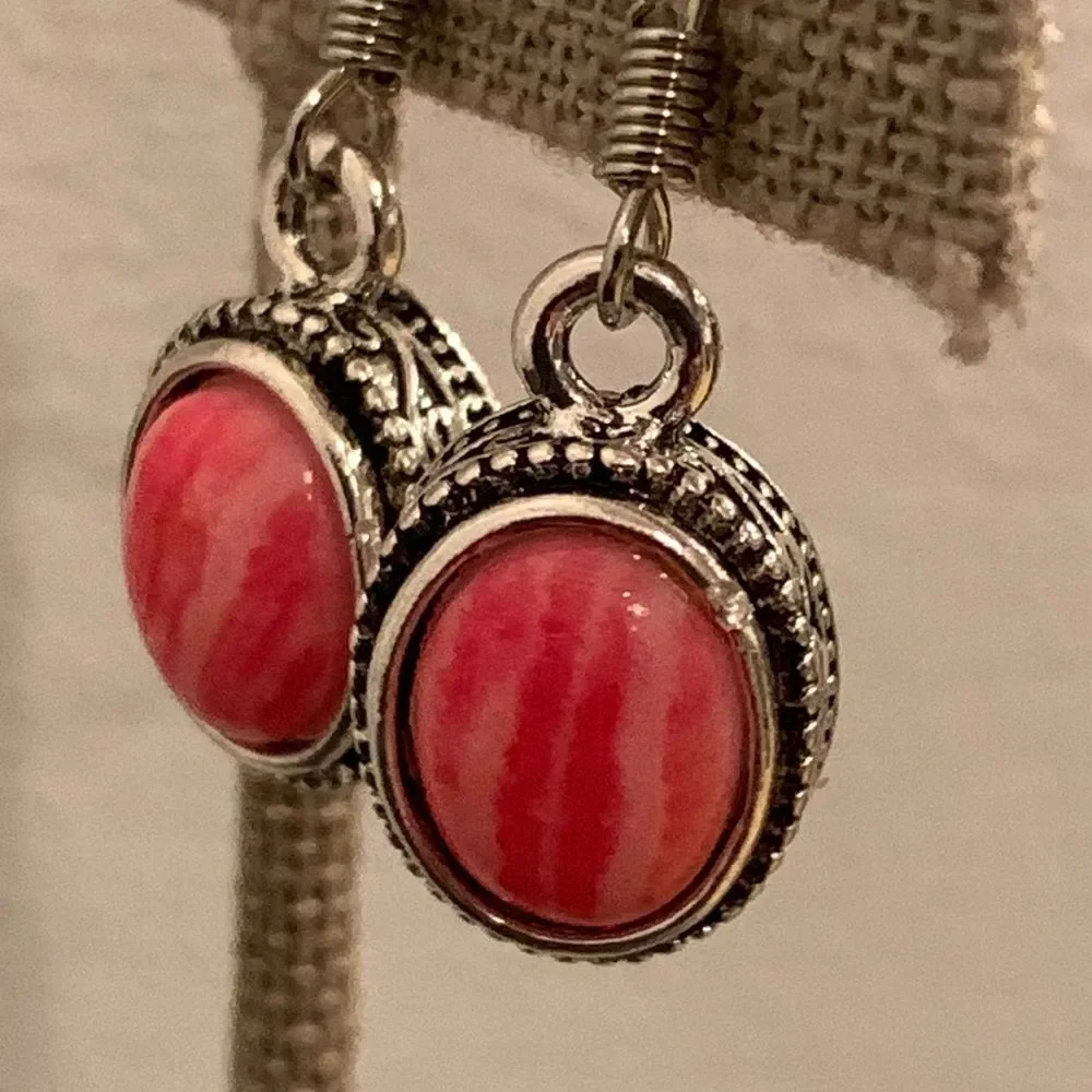 Balinese Style Coral Red Stone Drop Earrings Dark Silver Tone